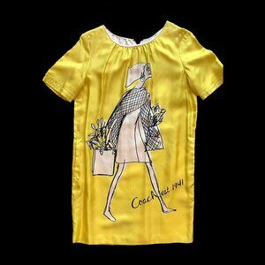 Coach Popy Lemon Yellow Silk Short Sleeve Playful Print Mini Dress Retro Vibes